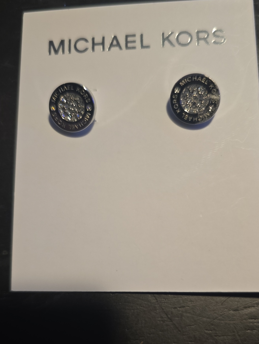 MWT Michael Kors Silver Tone Pave Logo Circle Stud Earrings